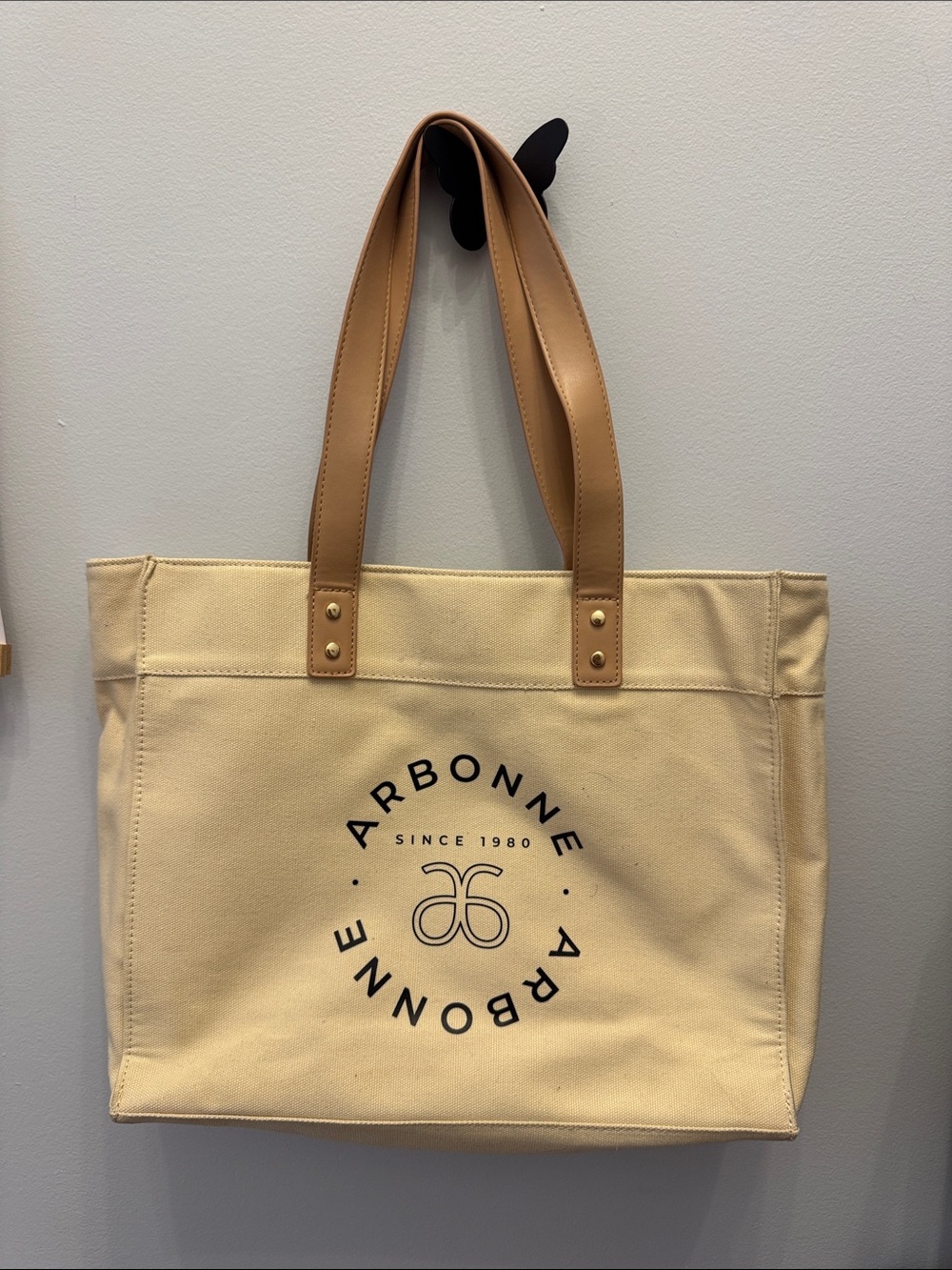 Arbonne Cream Canvas Tote with Tan Handles